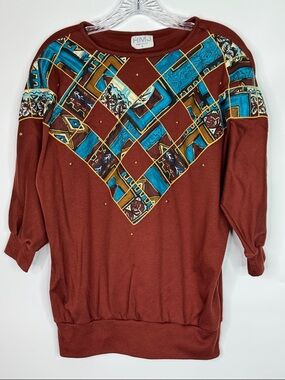 Vintage HMJ Southwestern Geometric Graphic Brown Shirt Size Small USA